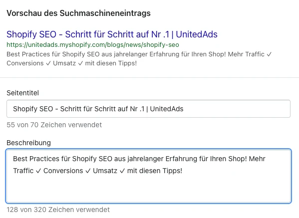 Suchmaschinenoptimierte Shopify Meta Titel und Beschreibungen